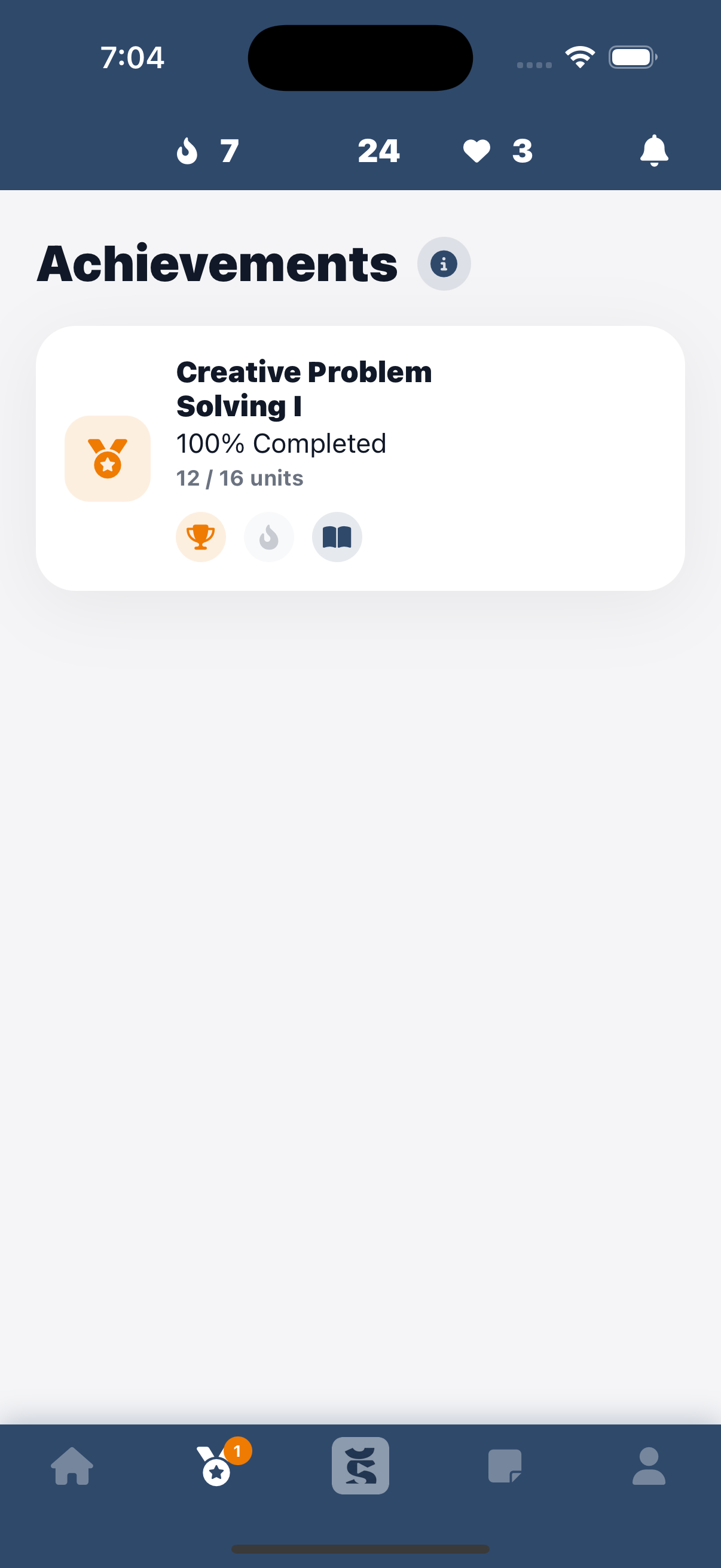 SPARK achievements showing Creative Problem Solving I completed with 12 of 16 units
