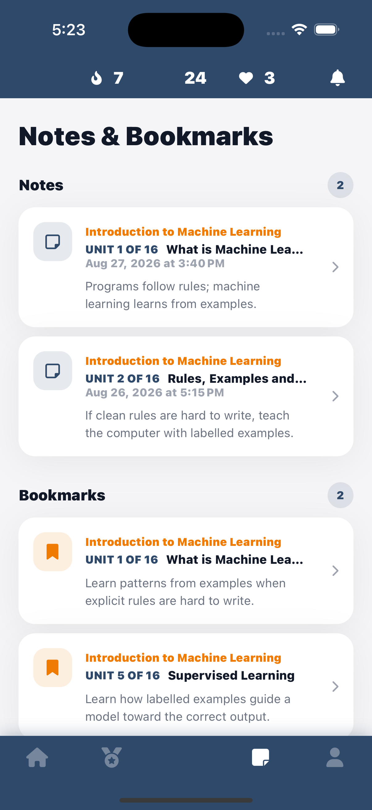 Populated Introduction to Machine Learning notes and bookmarks in the SPARK app